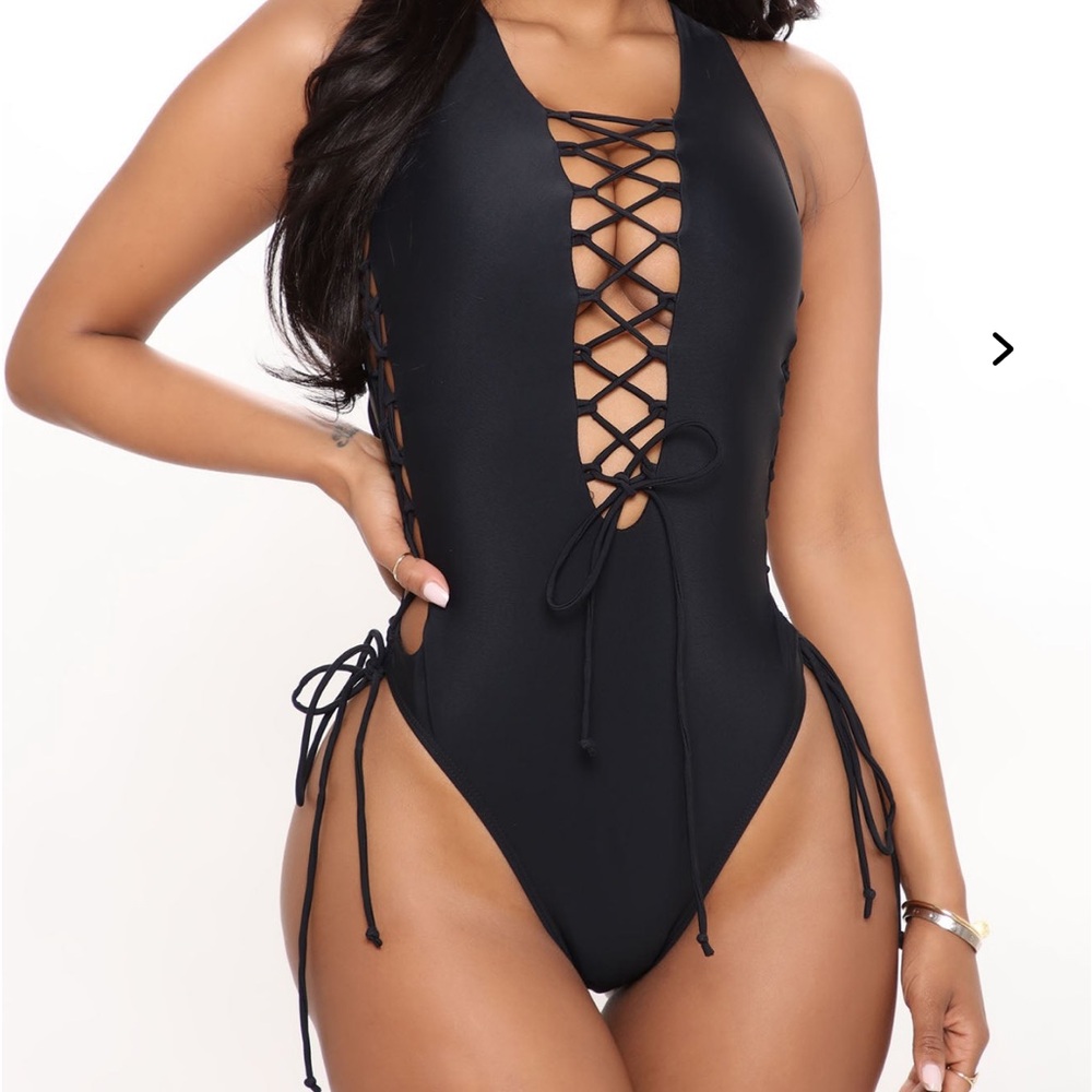 Fashion Nova Midnight Lace-Up One-Piece Swimsuit